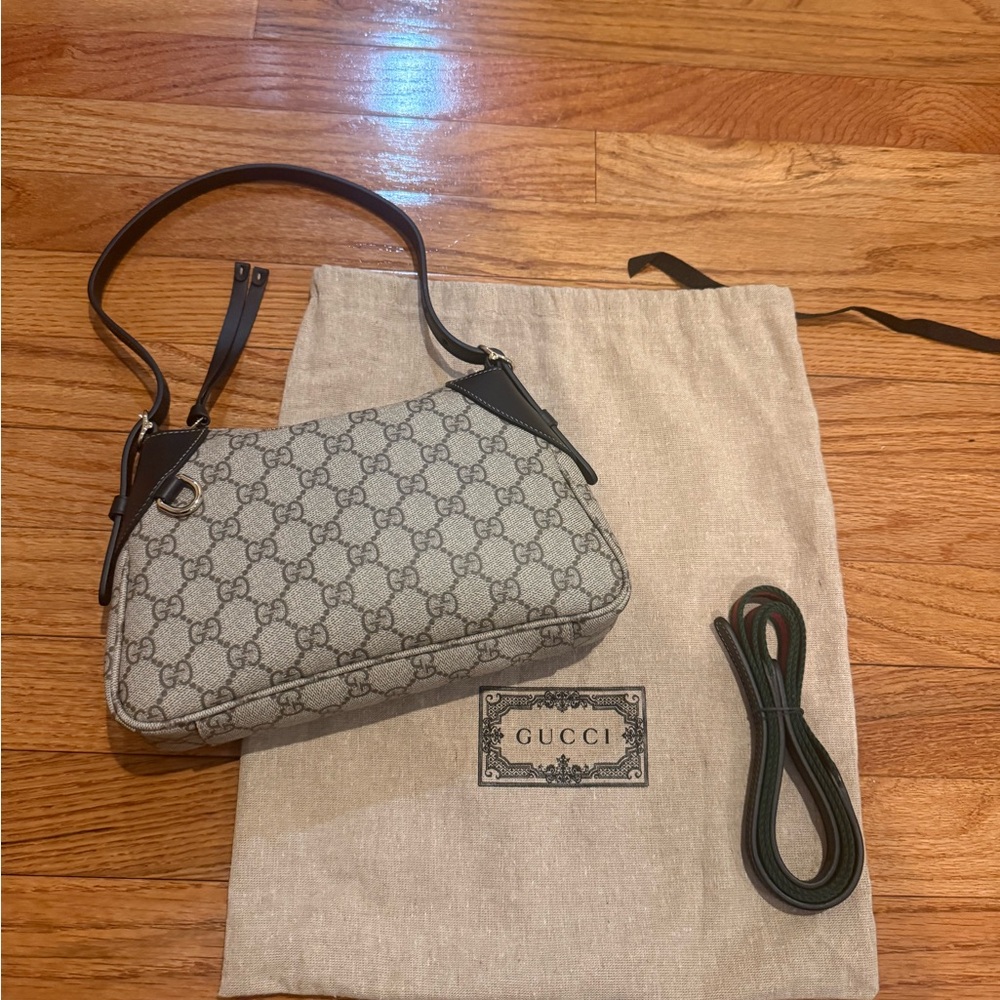 Gucci Monogram Emblem Shoulder Bag in Brown with Black Leather